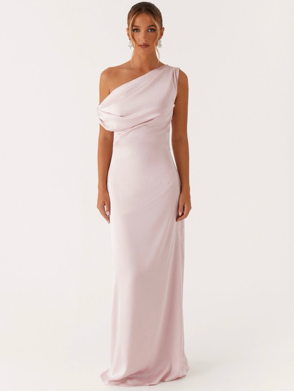 One-Shoulder Pink Satin Evening Dress